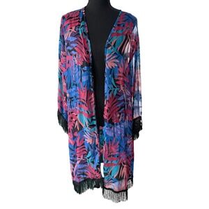 Tropical Floral Fringe Cover Up Kimono Blue Pink One Size Resortwear Vacation